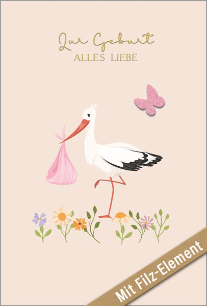 Goldbarrenset zur Geburt "Storch Rosa"