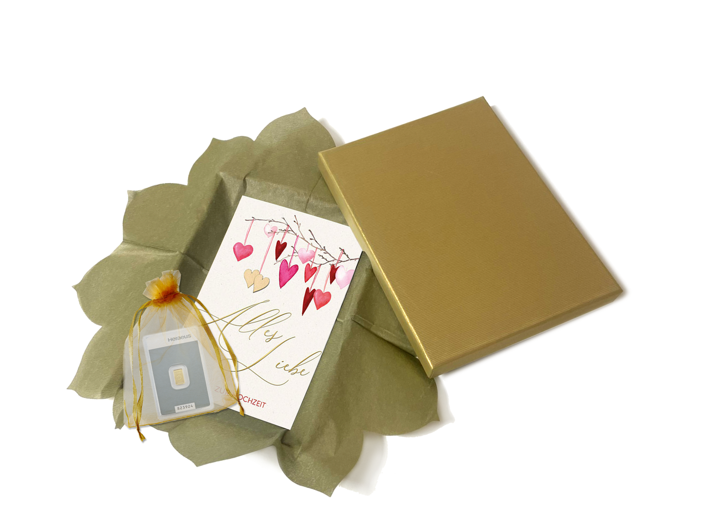 Goldbarrenset zur Hochzeit "Alles Liebe mit Herzen"