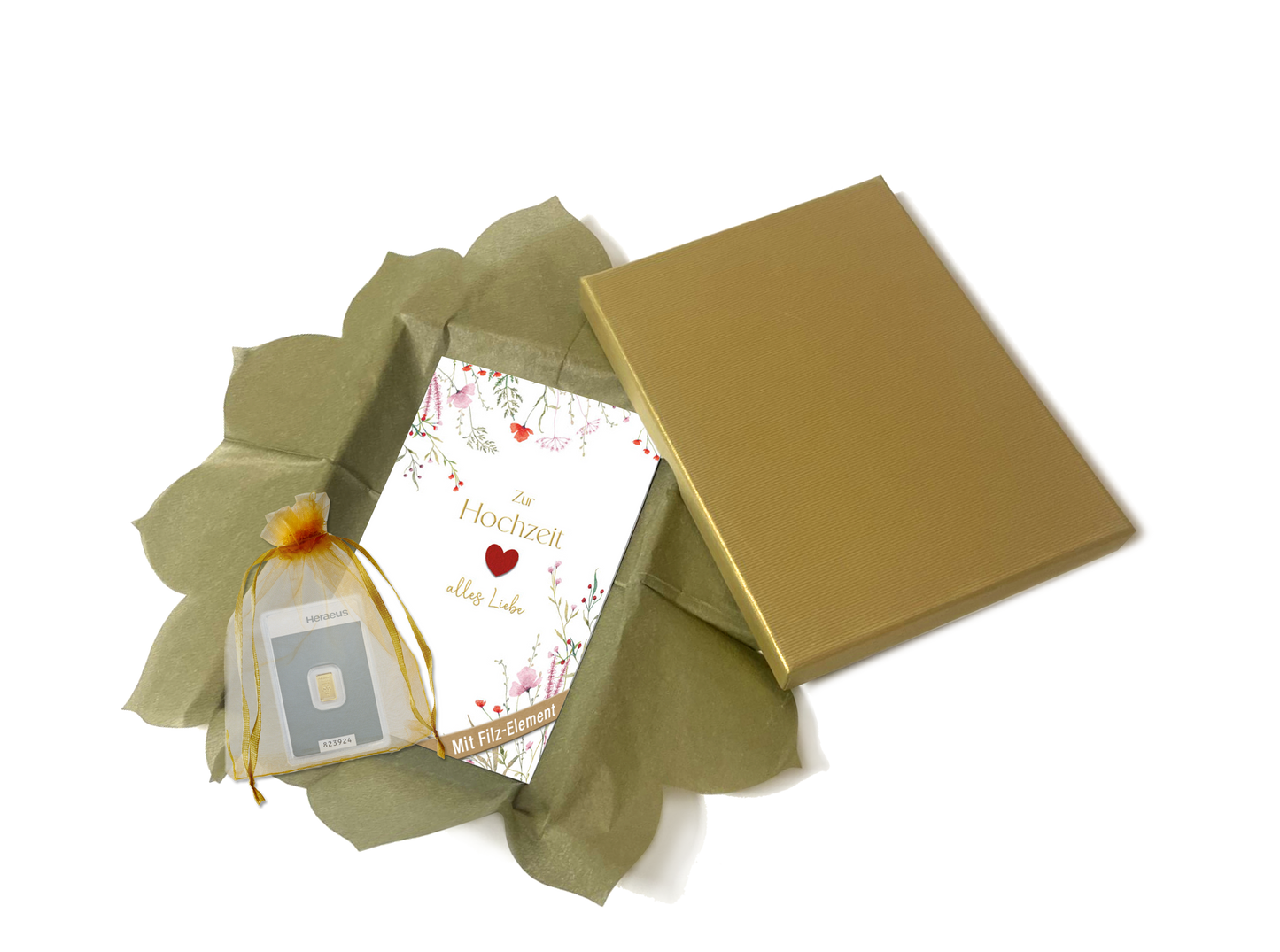 Goldbarrenset zur Hochzeit "Wildblumen und rotes Herz"